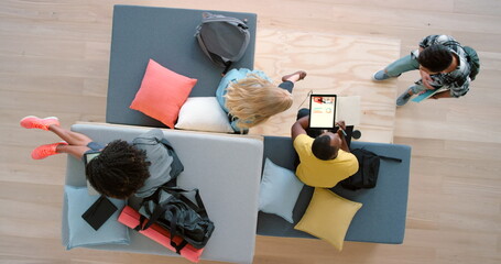 Business people, productivity meeting with digital tablet tech in creative office for marketing,...