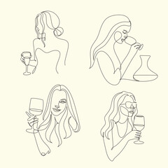 Woman with wine glass line draw. Drawing with one continuous line. Linear glamor logo in a minimalistic style for a wine label.
