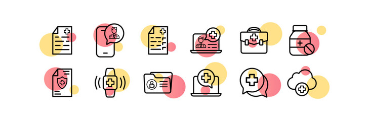 Medicine set icon. Doctors advice, prescription, disease, thermometer, headache, anesthesia, cardiogram, migraine, medical book, pill. Vector line icon for Business and Advertising