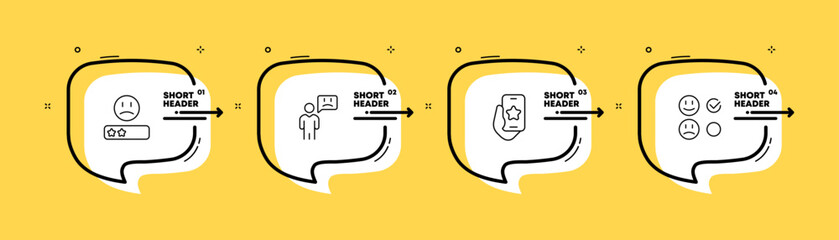 Feedback set icon. Review, comment, reaction, speech bubble, dislike, like, rating stars, checkbox, emoticons. Emoji concept. Infographic timeline with icons and 4 steps. Vector line icon