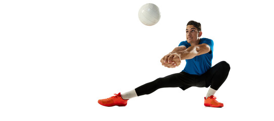 Studio shot of young man, volleyball player playing volleyball isolated on white studio background. Sport, gym, team sport, challenges