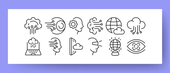 Processor set icon. Electronics, cyberpunk, neural networks, cloud, storage, gear, hologram, CPU, robot, artificial intelligence. Technology concept. Vector line icon for Business and Advertising