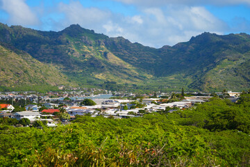 Fototapeta na wymiar Hawaii Kai suburb of Honolulu on O'ahu island - Upscale houses with colorful roofs in Hawaii