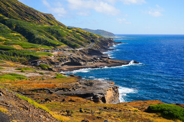 Kalaniana'ole Highway winding along the coast of the Pacific Ocean in the east of O'ahu island in...