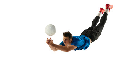 In flight. Muscular athlete, male volleyball player training with ball isolated on white studio...