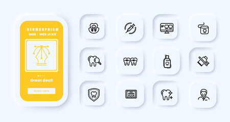 Dentistry set icon. Tooth, injection, anesthesia, root, gum, mouth, enamel, artificial limb, doctor, prosthesis, treatment, medicine. Health care concept. UI phone app screen. Vector icon for Business