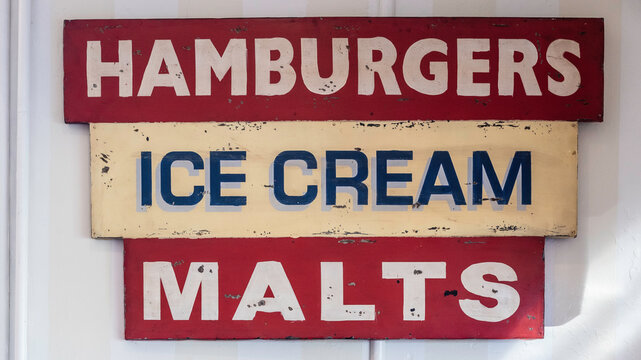 Sign advertising "Hamburgers, ice-cream and malts", from a traditional American diner