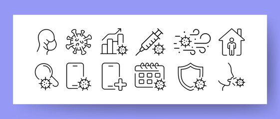 The medicine set icon. Syringe, virus, disease, medicine, vaccine, coronavirus, monkeypox, remote control, stay home, quarantine, incubation. Health care concept. Vector icon for Business