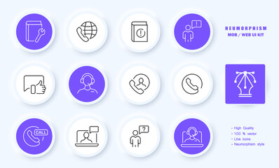 Business contacts set icon. Landline, planet, worldwide, online, message, support service, 24, around the clock, arrows. Communication concept. Neomorphism style. Vector line icon for Business