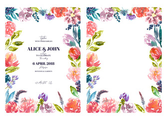 Watercolor rustic flower frame,save the date,rsvp, wedding stationery, invitation design card. Botanical, greenery floral wreath,border, banner illustration set. boho wedding invitation,greeting card