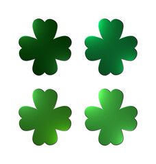 A set of 4 - 3D rendered illustrations of four leaf clovers in different shades of green, isolated on a white background.