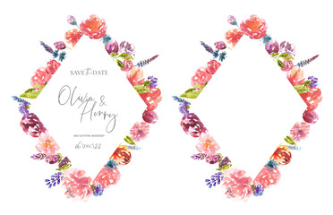 Watercolor rustic flower frame,save the date,rsvp, wedding stationery, invitation design card. Botanical, greenery floral wreath,border, banner illustration set. boho wedding invitation,greeting card