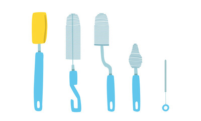 Vector set of baby bottle brush clipart. Simple cute bottle brush flat vector illustration. Cleaning brushes cleaner for feeding bottles, glasses, pot, milk, cup, mugs, wine bottles cartoon style