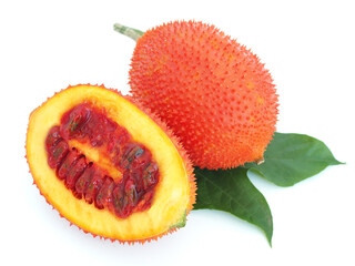 Gac fruit on white background. (Baby Jackfruit). Closeup photo, blurred.