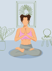 Young woman doing yoga in faceless style on the blue background
