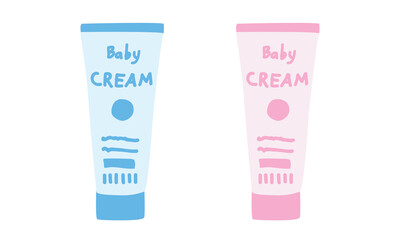 Baby cream tube clipart. Simple cute blue and pink bottle of baby cream tubes flat vector illustration. Plastic bottles of baby cosmetic products cartoon style