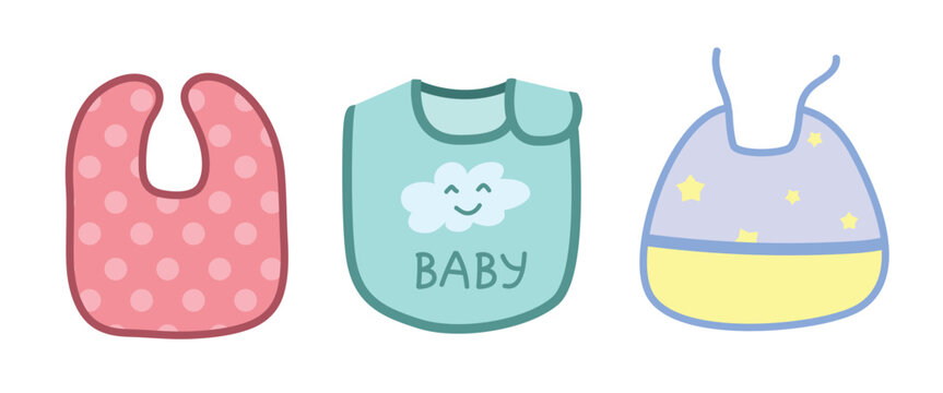 Vector Set Of Cute Baby Bib Clipart. Simple Cute Bibs For Baby Feeding Flat Vector Illustration. Baby Apron Or Bib With Different Pattern Designs Cartoon Style. Kids, Baby Shower, Nursery Decoration