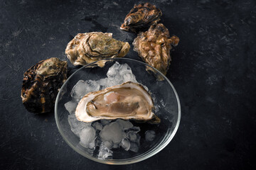 Open oyster on crushed ice on a glass plate and closed oysters on a dark rustic background, copy space, top view from above