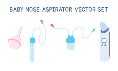 Set of baby nose cleaner nasal aspirators clipart. Simple cute baby nose aspirator flat vector illustration isolated on white. Classic, electric, battery nose pump, nose sucker tube cartoon style icon