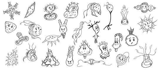 Set of black contour images of monsters on a white background