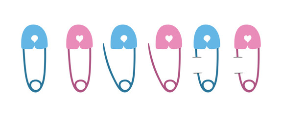 Set of blue and pink safety pins clipart. Close, open and pinned safety pin flat vector illustration. Diaper pins cartoon style icon. Kids, baby shower, newborn and nursery decoration concept - obrazy, fototapety, plakaty