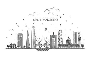 San Francisco architecture line skyline illustration. Linear vector cityscape with famous landmarks