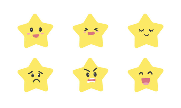 Vector set of cute baby shower yellow stars with different emotions clipart. Simple cute character, yellow star kawaii face flat vector illustration. Happy, sad, angry star faces cartoon style icon