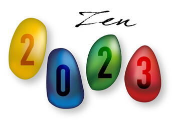 Nouvelle année 2023 sur le concept de l’esprit zen, avec l’image de quatre cailloux de couleurs qui symbolise la relaxation en thalassothérapie. - obrazy, fototapety, plakaty