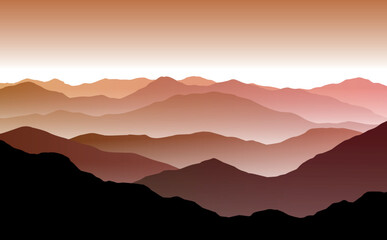 Fototapeta na wymiar Vector sunset or dawn landscape with misty red and orange silhouettes of mountains and hills