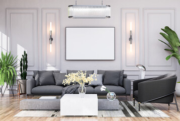Mock up poster frame in modern interior fully furnished rooms