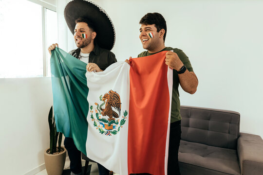 Football Fans Friends Watching Mexico National Team In Live Soccer Match On TV At Home