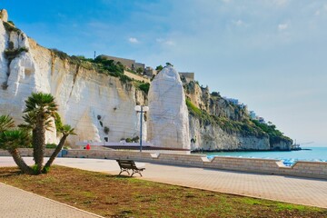 Beautiful view of the Pizzomunno white rock in Vieste, Gargano, Puglia, Italy, on a sunny day