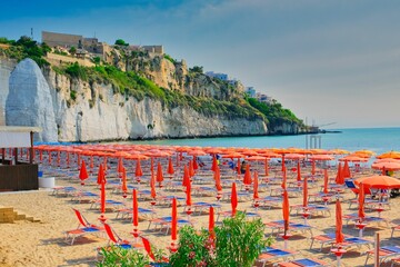 Beautiful view of a public beach in Vieste, Gargano, Italy on a sunny day
