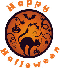 Happy Halloween circle badge with jack-o'-lantern black cat and bats typography