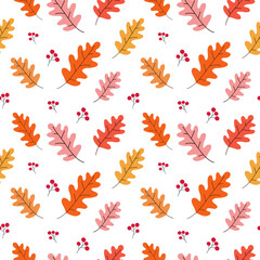 autumn pattern with yellow leaves, red berries. Vector seamless pattern on an autumn theme, hand-drawn.