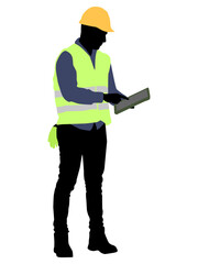 Silhouette of worker with a helmet. Vector flat style illustration isolated on white