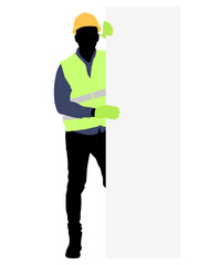 Silhouette of workers with a helmet. A worker holding a sign. Vector flat style illustration isolated on white