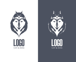 Dog and cat together logo or icon design. Cat lies on the husky head.  © Varga Woo