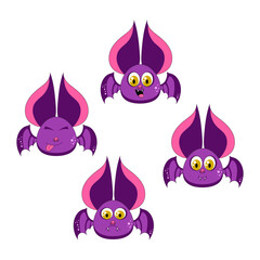 Collection of Halloween funny bats cartoons. Collection kit. Design for Halloween party decoration. Vector illustration. Trick-or-treat concept. The illustration is isolated on a white background.