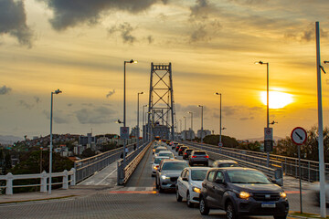 sunset on the highway   the bridge in the city of Florianopolis, Santa Catarina, Brazil