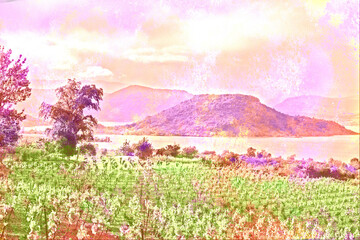 Fototapeta na wymiar Lac du Salagou peinture digitale illustration vignobles Hérault Communauté de Communes du Clermontais. Occitanie France.
