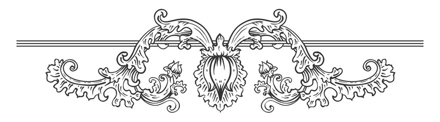PNG transparent vintage divider with floral swirls, scrolls and flowers, antique decorative border element
