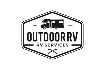RV logo recreational vehicle transportation bus design emblem badge style holiday vacation hexagon shape