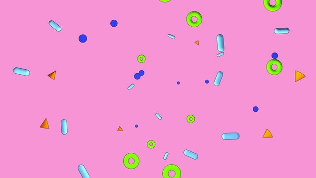 3D animation in the style of the 90s. Bright colorful background, intro. Small multi-colored figures on a pink background, camera movement.