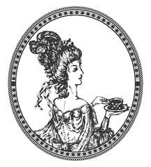 PNG transparent vignette with vintage woman in evening gown drinking tea, holding cup of tea, sketch illustration in antique style - 534536940