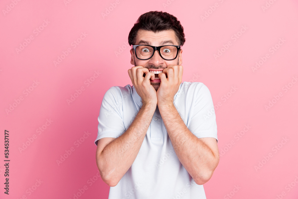 Canvas Prints photo of young attractive funny handsome man bite fingers nails nervous excited please wish pray for