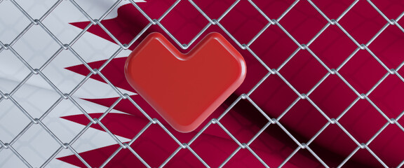 3D render of qatar flag behind steel mesh wire fence.  the flag of qatar.
