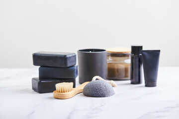 Three pieces of black charcoal soap, Konjac sponge, beauty care