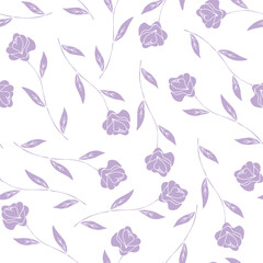 Fototapeta premium Purple hand drawn roses isolated on white background seamless pattern. Simple design. Tender botanical pattern