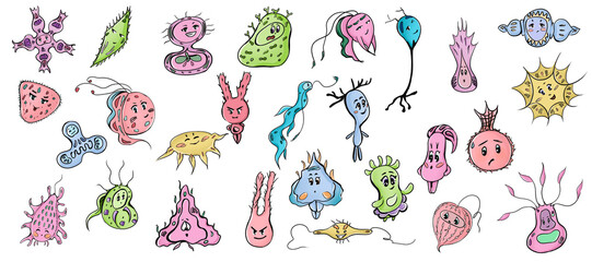 Set of isolated color illustrations of monsters for children's stickers and tattoos